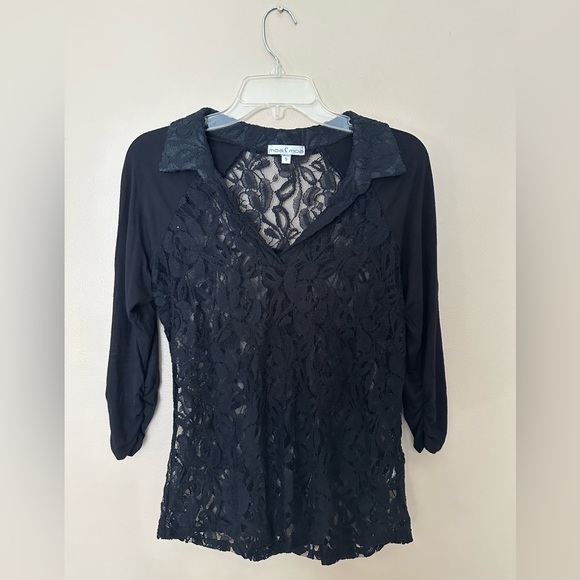 Moa Moa Tops - MOA MOA black lace sheer top with three quarter length sleeves. Size Small
